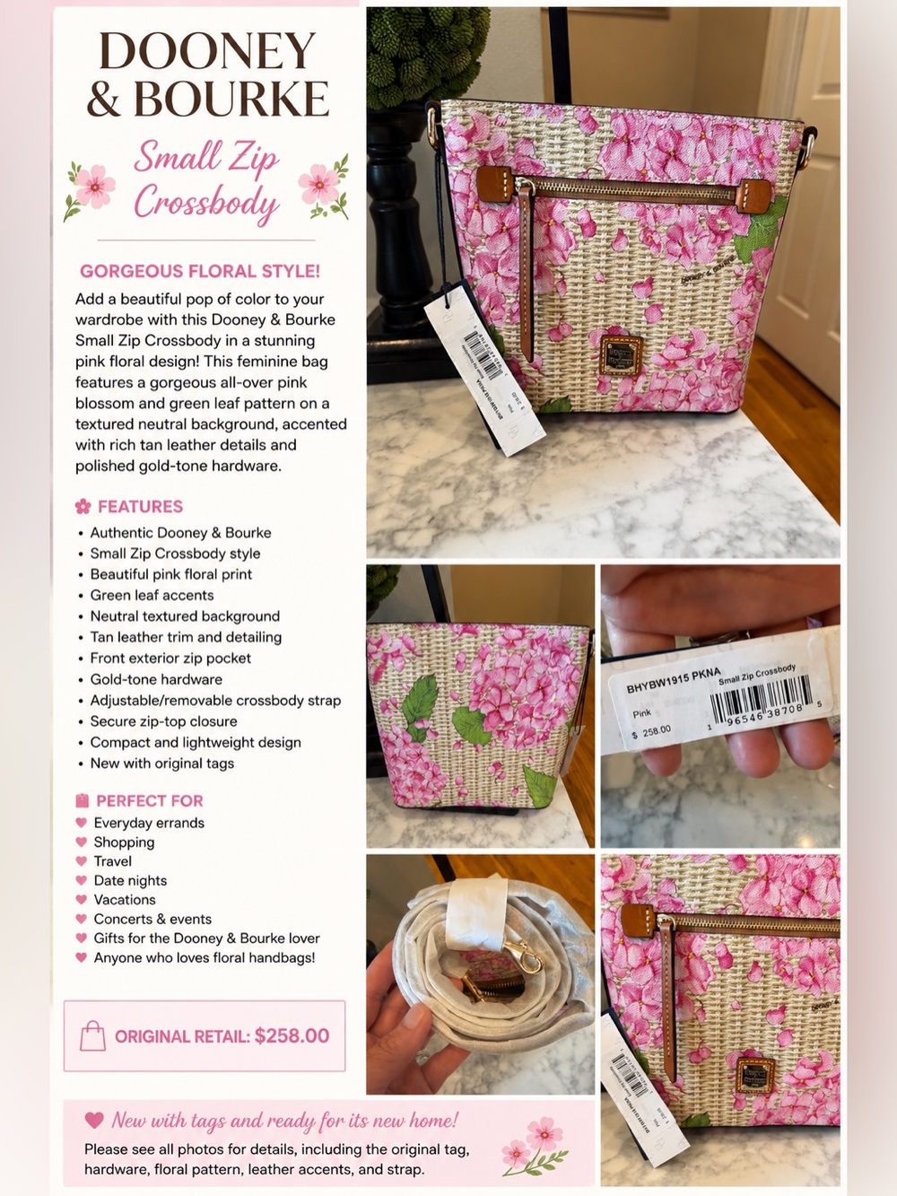 Dooney & Bourke Pink Floral Small Zip Crossbody NWT